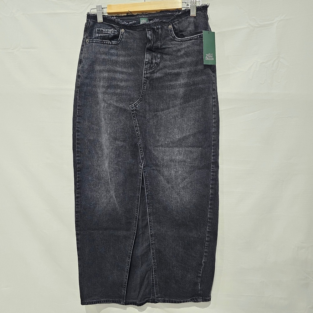 New Wild Fable Black Denim Maxi Skirt High Rise Front Slit Raw Hem